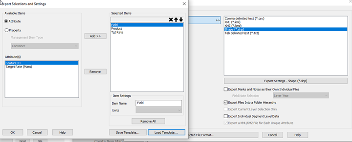 The Export Settings window allows selection of outgoing attributes.
